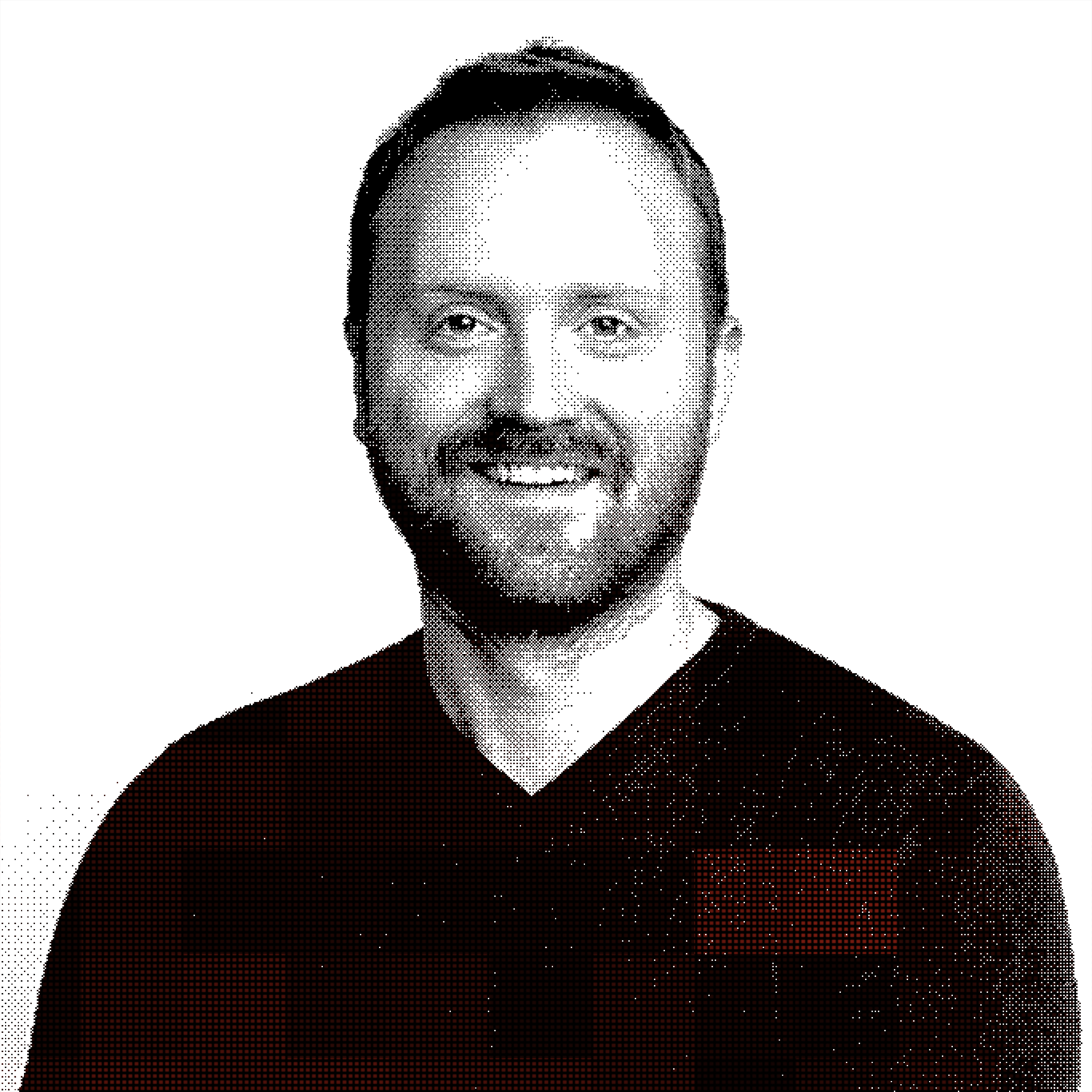 Stylized blue duotone portrait of a person facing the camera with arms crossed